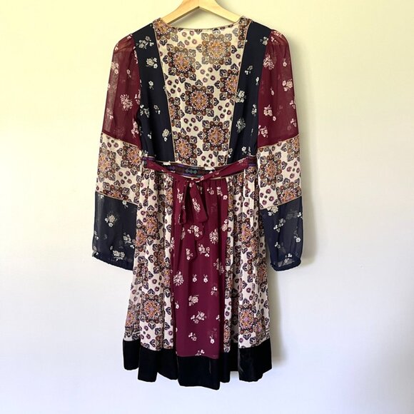 Anthropologie Maeve Dress XS Quartier Latin Burgundy Chiffon Velvet Boho Floral - Picture 12 of 14